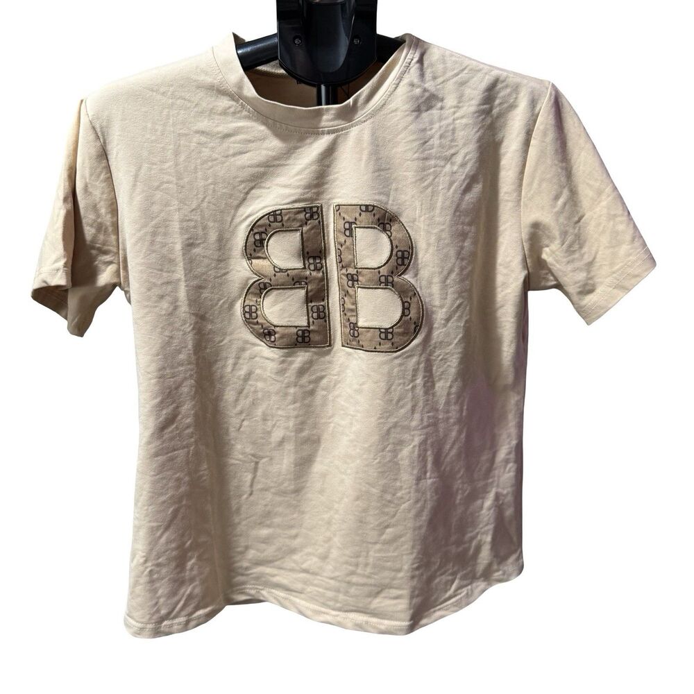 Balenciaga BB Logo Brown Graphic Print Crew Neck Cotton Tee Regular Fit Sz S